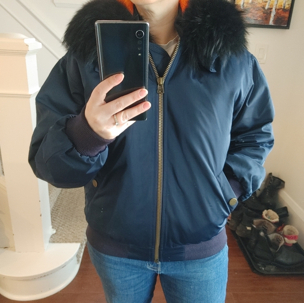 No Label Fur Lined Navy Bomber Jacket Size Small